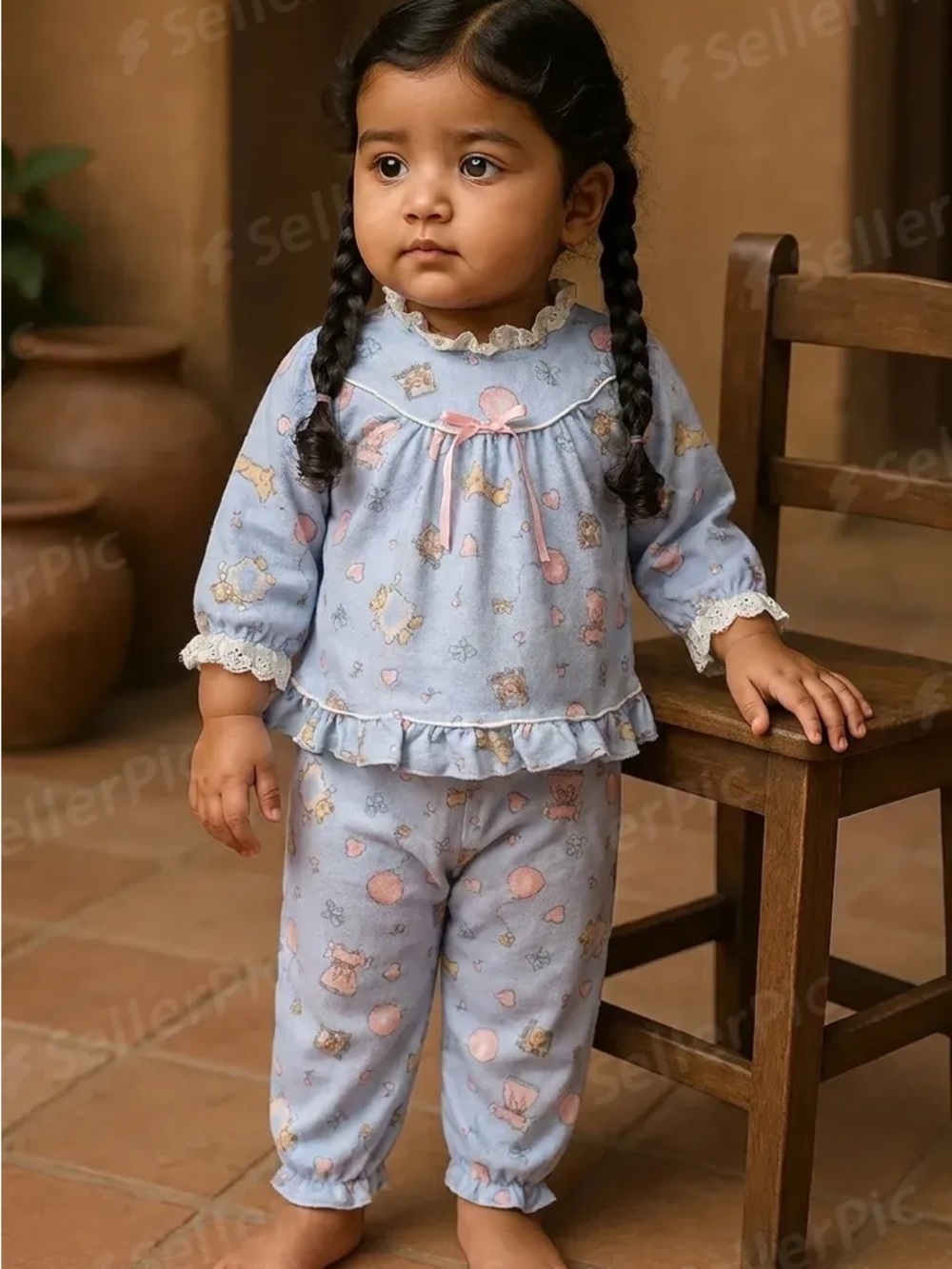 Vintage Source‎ Unknown Light Blue Ruffle Two-Piece Kids Pajama Set
